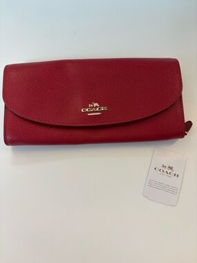 Coach Red Grosgrain Leather Slim Zippered  Wallet with Gold Logo - New!